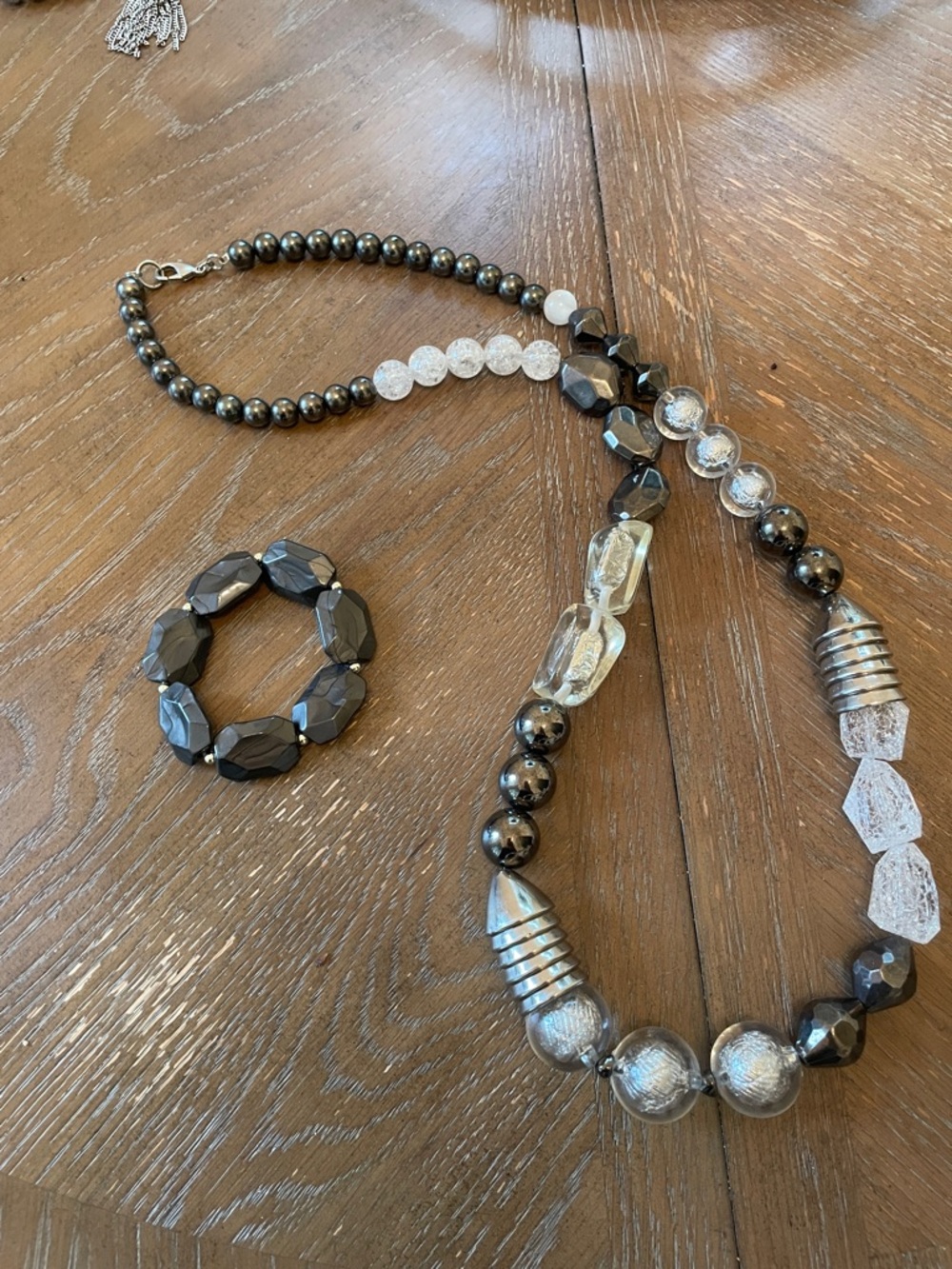 Statement Hematite & Clear Beaded Necklace with Matching Bracelet